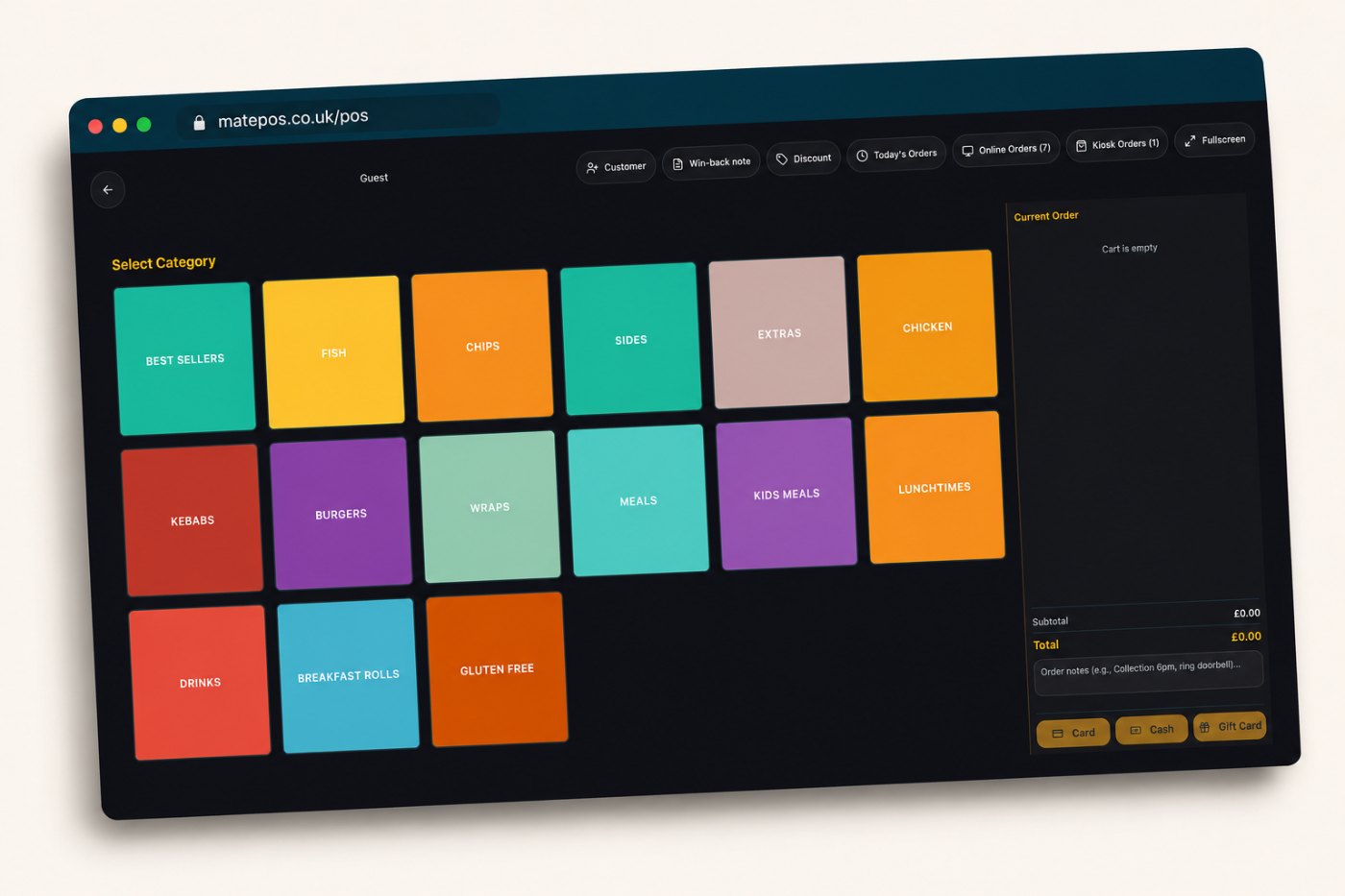 ServeMate POS with online orders and kiosk orders arriving in the same screen